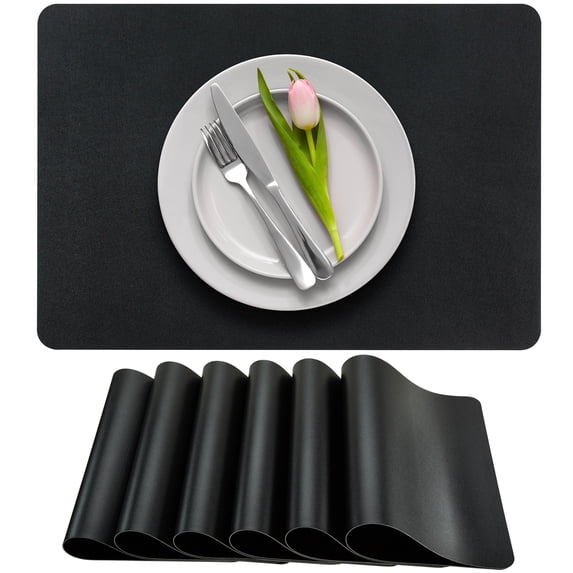 More Décor Faux Leather Placemats for Dining and Kitchen Table - Stain and Heat Resistant, Anti-Slip, Wipable and Washable - Set of 4 and 6 - Solid Colors (Solid Black , 6)