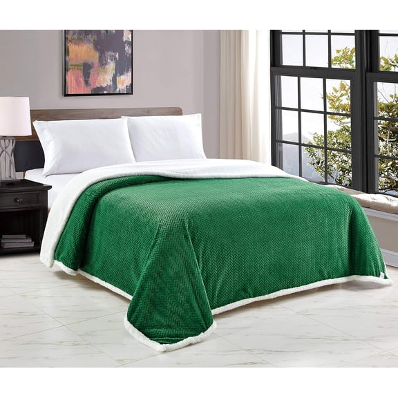 Dcor&More HomeEssentials Extra Heavy and Plush Chevron Braided King Size Microplush Jacquard Blanket with Sherpa Backing (108" x 90") - Green