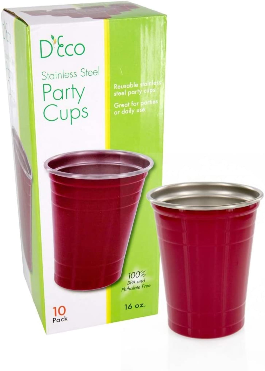 D'eco Reusable Stainless Steel Red Party Cups - 10 Pack Unbreakable 16 oz.  Red Cups - Dishwasher Safe Durable Cups compatible with Solo cups