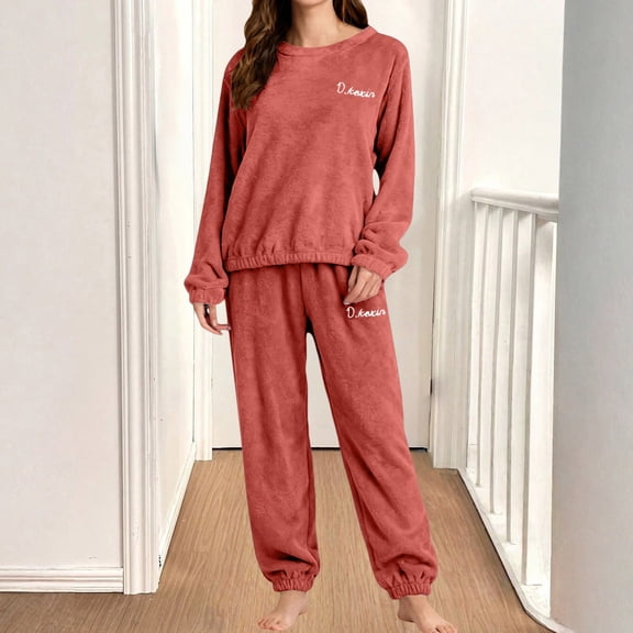D.ketin Women's Fashion Warm Two Piece Set Winter Thickened Coral Fleece Comfortable Lazy Person's Cuffed Leisure Pajamas Brick Red XL