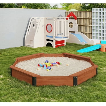 D-road Outdoor Wooden Kids Octagon Sandbox W/ Cover, Bottomless W/ Liner for Backyard Garden Play, Brown