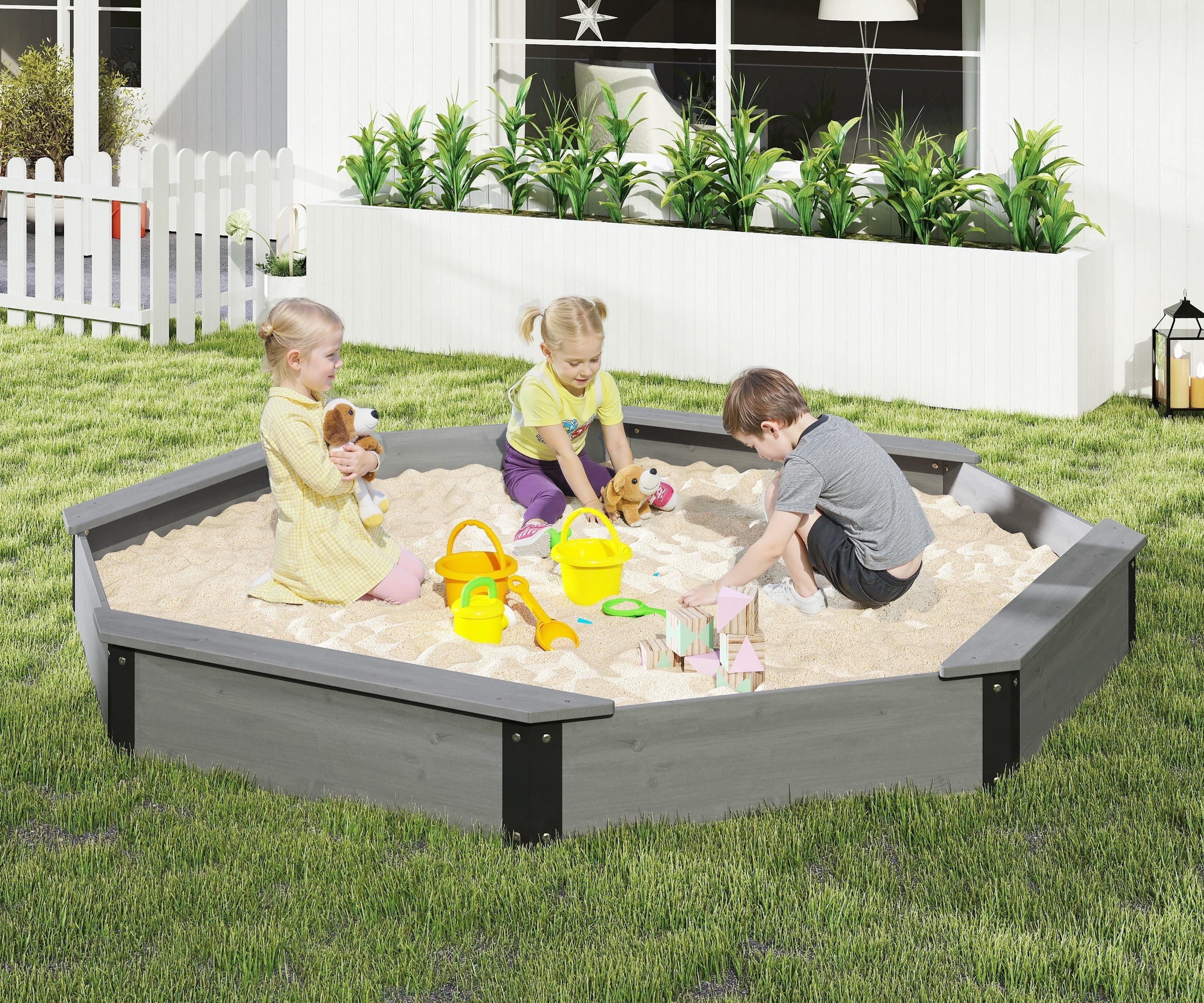 85''x78''x9'' Octagon Sandbox, Wooden Lid, Kids Outdoor
