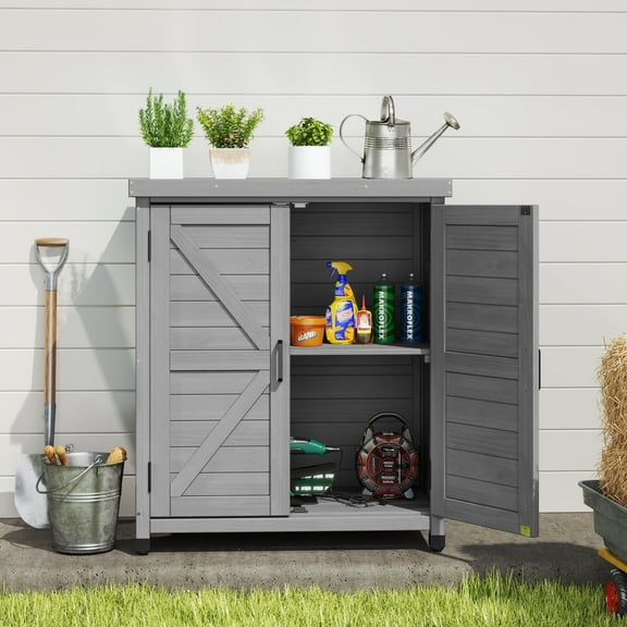 D-road Outdoor Storage Cabinet & Potting Bench Table with Metal Top, Wooden Patio Furniture, Garden Workstation, Gray