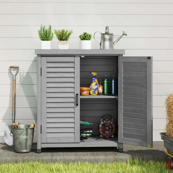 D-road Outdoor Storage Cabinet & Potting Bench Table with Metal Top, Wooden Patio Furniture, Garden Workstation (Gray))
