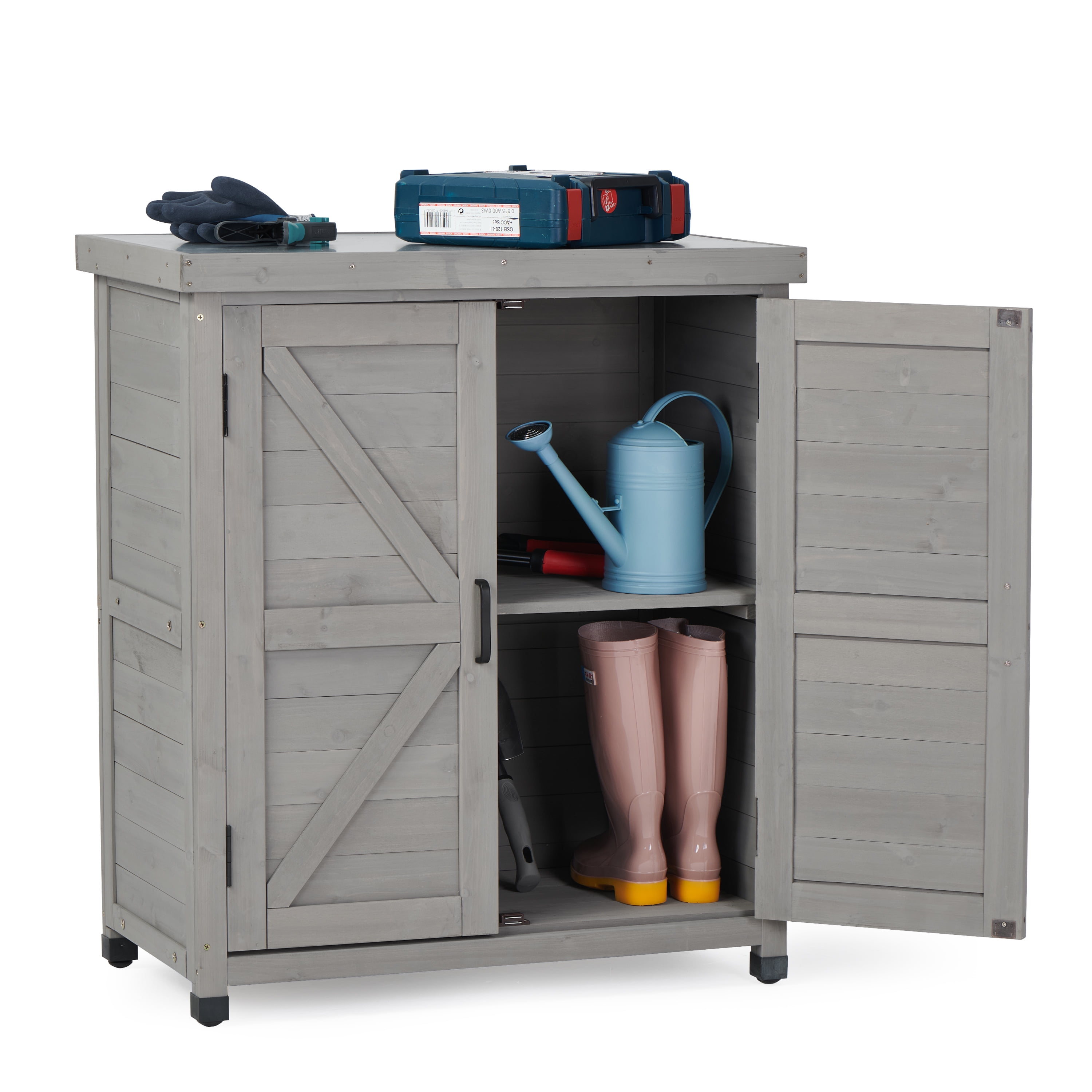 D-road Wood Garden Storage Cabinet & Potting Bench Table W/ Metal Top Work Station for Indoor/Outdoor, Gray