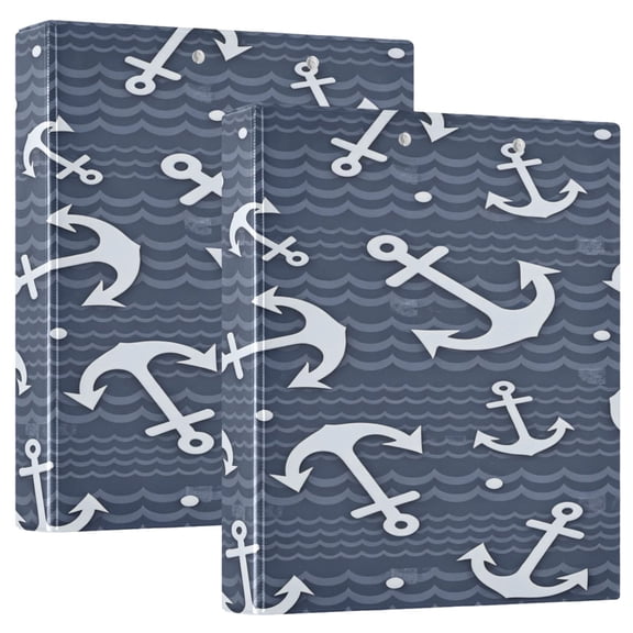 D-shaped Binder with 3 Ring - PVC Waterproof 1.5 in Binder with Clear Pocket, Navy-anchor Wave Print ，1 pack