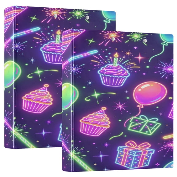 D-shaped Binder with 3 Ring - PVC Waterproof 1.5 in Binder with Clear Pocket, Neon Birthday Cupcake ,1 pack