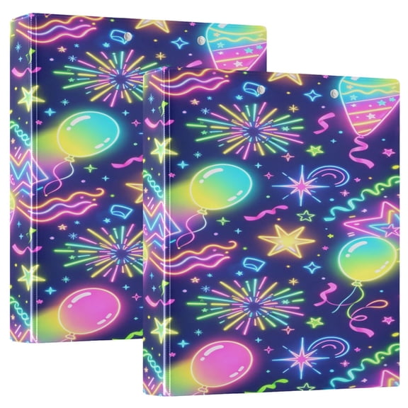 D-shaped Binder with 3 Ring - PVC Waterproof 1.5 in Binder with Clear Pocket, Neon Party Balloon Pattern ，1 pack