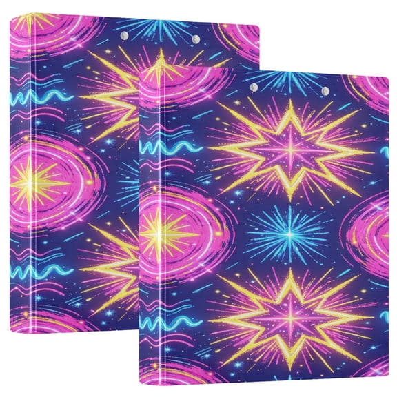 D-shaped Binder with 3 Ring - PVC Waterproof 1.5 in Binder with Clear Pocket, Neon Star Firework ,1 pack