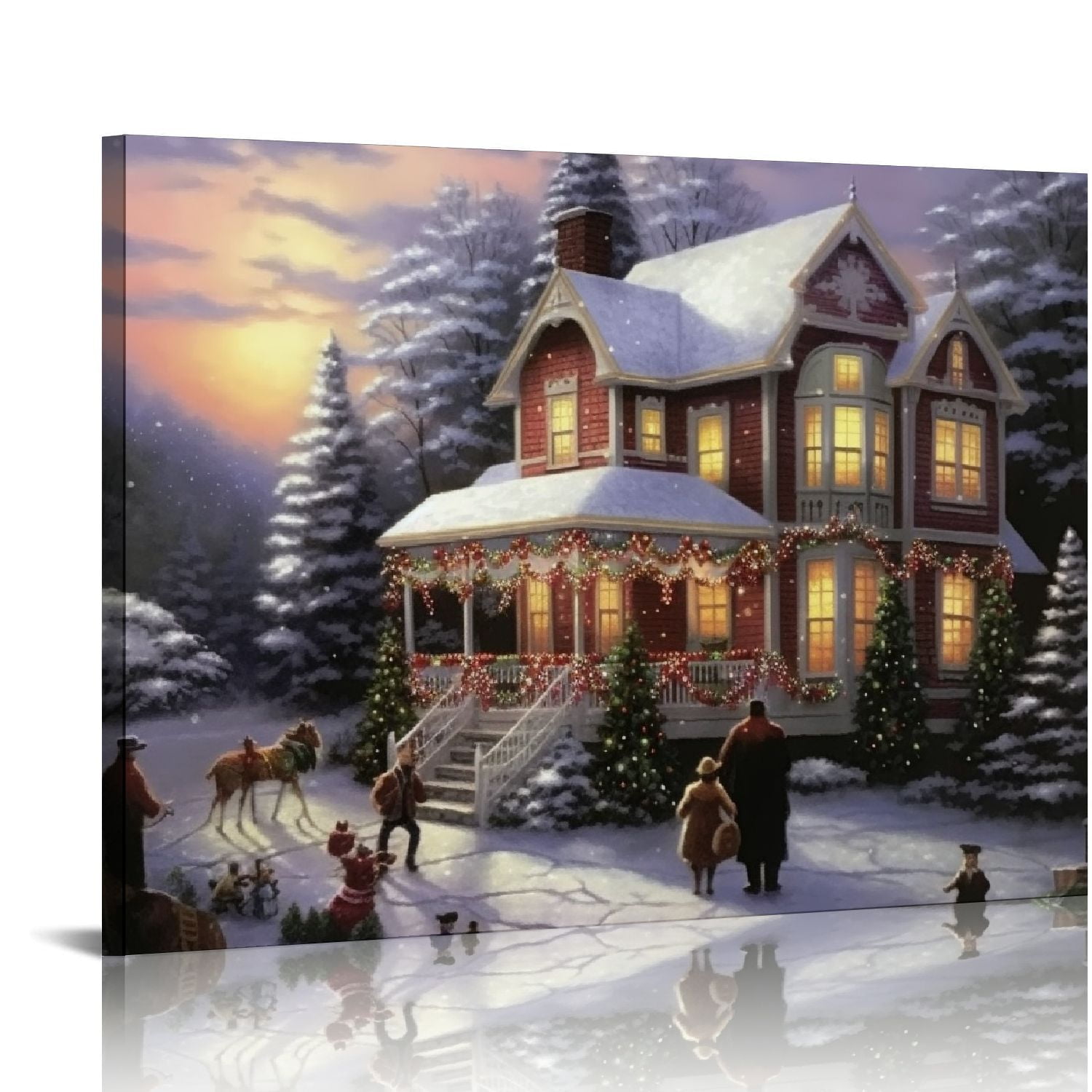 D03GENHSY Christmas Lighted Canvas Print Winter Scene Wall Art with a Victorian House in a