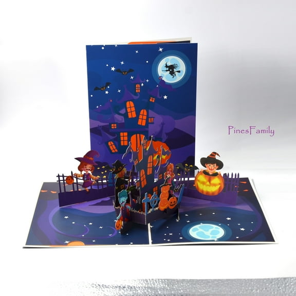 D04-Spooky Halloween 3D Pop-Up Card - Pumpkin, Bat, Moon, Castle, Witch & More