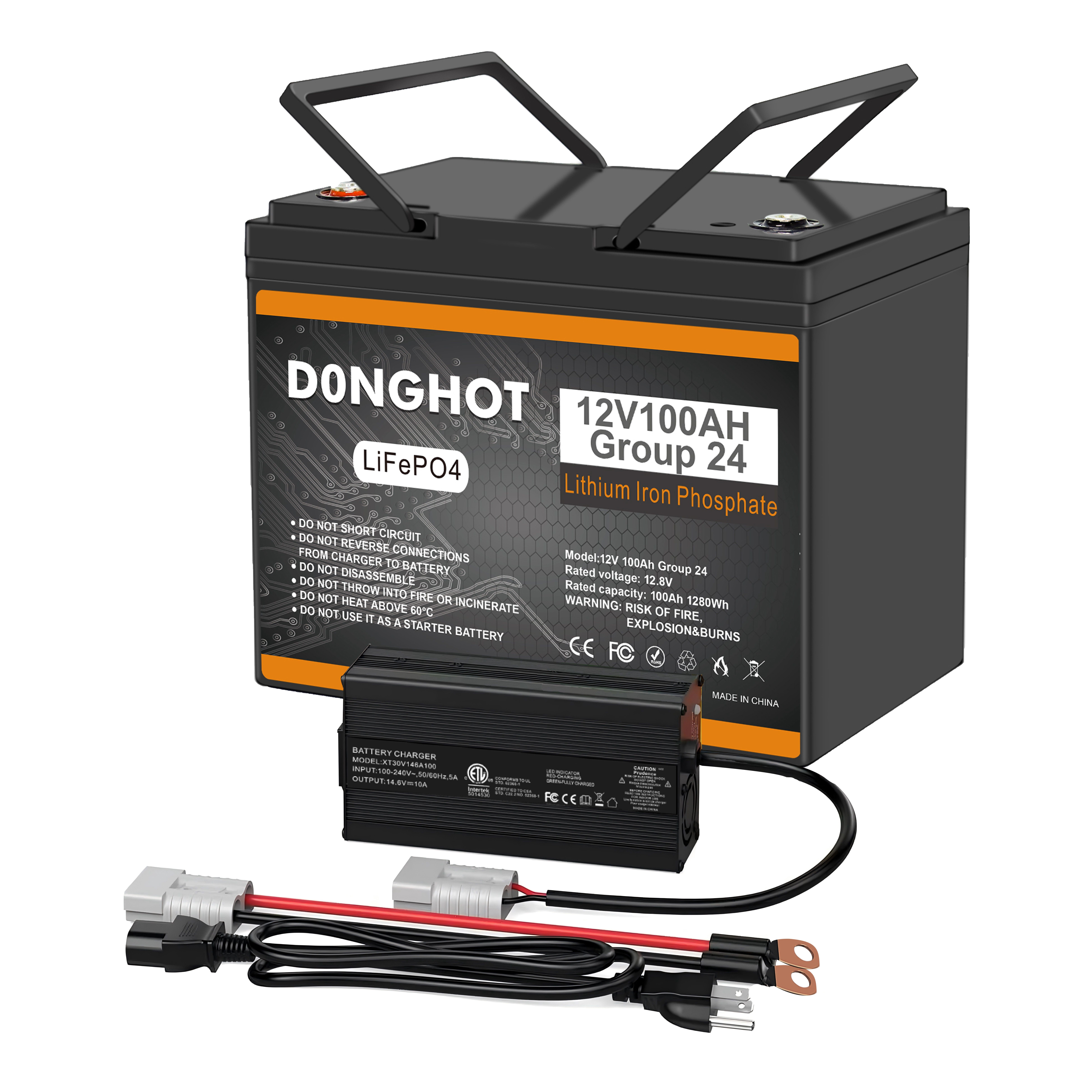 D0NGHOT 12V 100Ah Lithium LiFePo4 Battery with 14.6V 10Amp Smart AC to DC LiFePo4 Battery Charger