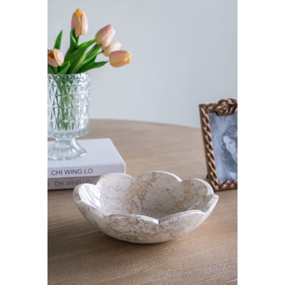 D10x3" Cream Marble Bowl with Scalloped Design and Subtle Gold Detailing