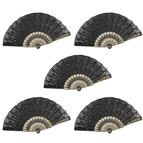 D13425-1 Set of 5 Black Chinese Lace Floral Hand Folding Fans Party Gift