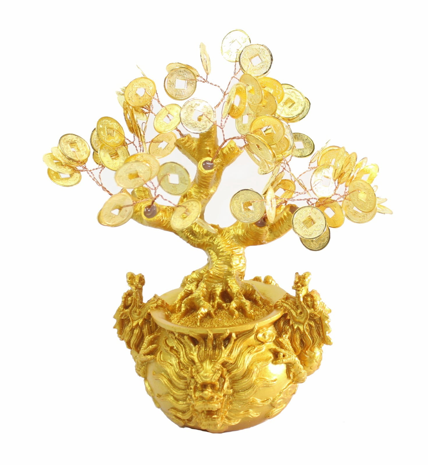 D13454 Feng Shui 7.5" Tall Money Tree Dragon Pot w/ Gold Coins Decor. for Luck / Wealth
