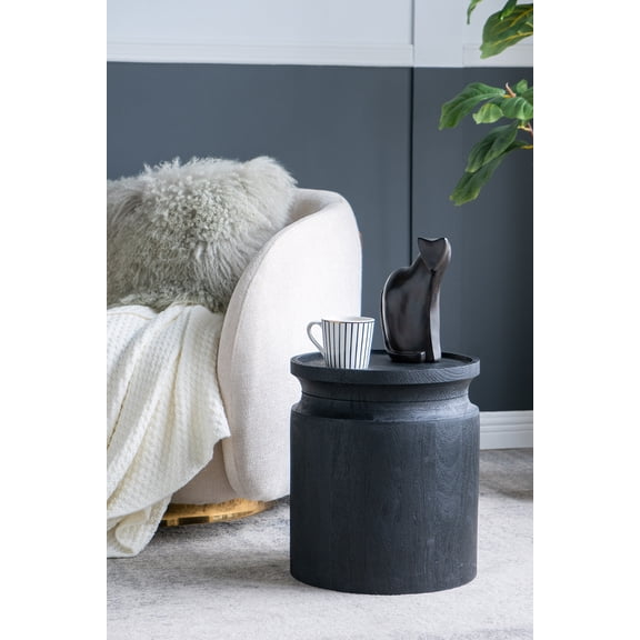 D14x16" Black Wooden Cylinder Side Table