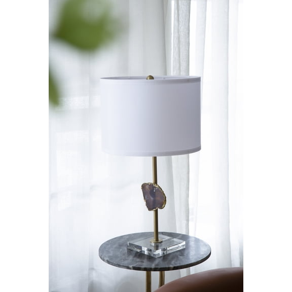 D14x25.2" Gold Table Lamp with Agate Slice and White Drum Shade(Lamp Shade Assembly Required)