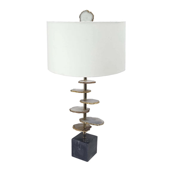 D14x29.5 Inch Smoke Agate Slice Table Lamp with Marble Base, Natural Stone Body, White Drum Shade, Contemporary