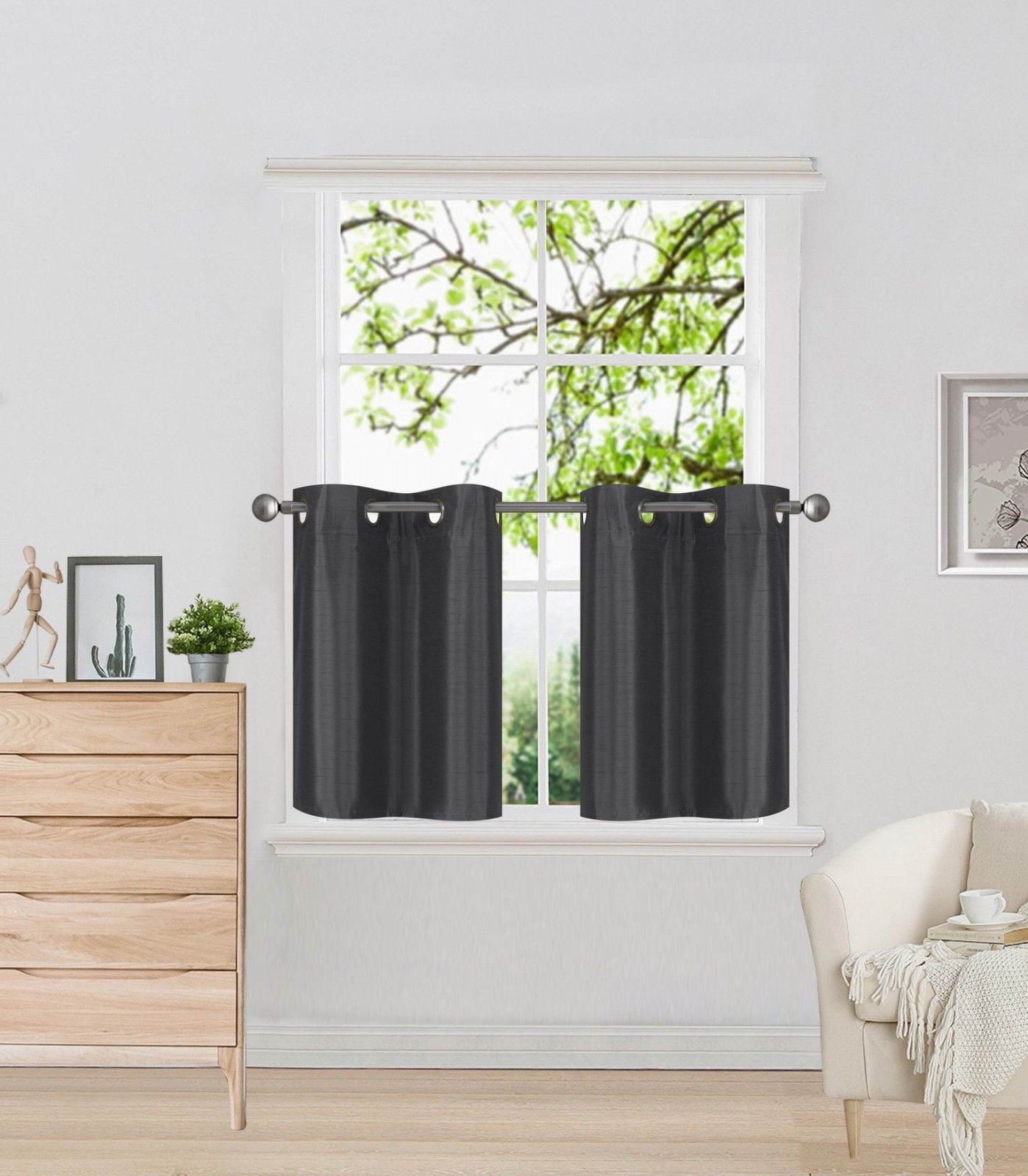 D2 Charcoal 1-Pair of Solid Insulated  Grommet Treatment Curtains for Short Windows, Livingroom, Bathroom or Kitchen, Two (2) Piece Faux Silk Blackout Tier Panels 30" Wide x 24" Length Each
