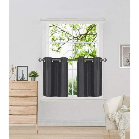D2 Charcoal 1-Pair of Solid Insulated Grommet Treatment Curtains for Short Windows, Livingroom, Bathroom or Kitchen, Two (2) Piece Faux Silk Blackout Tier Panels 30" Wide x 24" Length Each