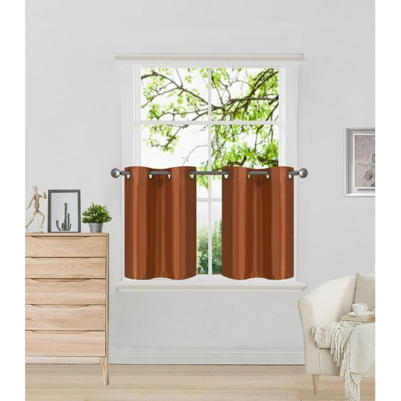 D2 Orange 1-Pair of Solid Insulated  Grommet Treatment Curtains for Short Windows, Livingroom, Bathroom or Kitchen, Two (2) Piece Faux Silk Blackout Tier Panels 30" Wide x 24" Length Each