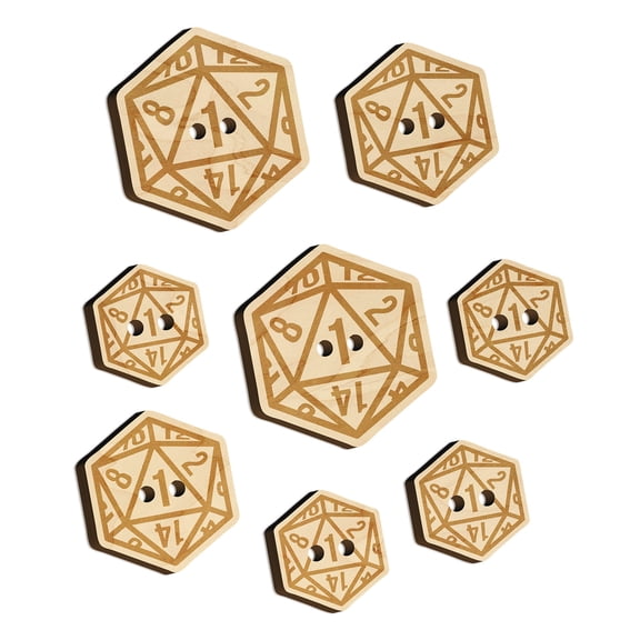 D20 20 Sided Gaming Gamer Dice Critical Fail Wood Buttons for Crochet Knitting Sewing DIY Craft - 1.00 Inch Medium (7pcs)