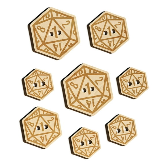 D20 20 Sided Gaming Gamer Dice Critical Fail Wood Buttons for Crochet Knitting Sewing DIY Craft - 1.25 Inch Large (5pcs)