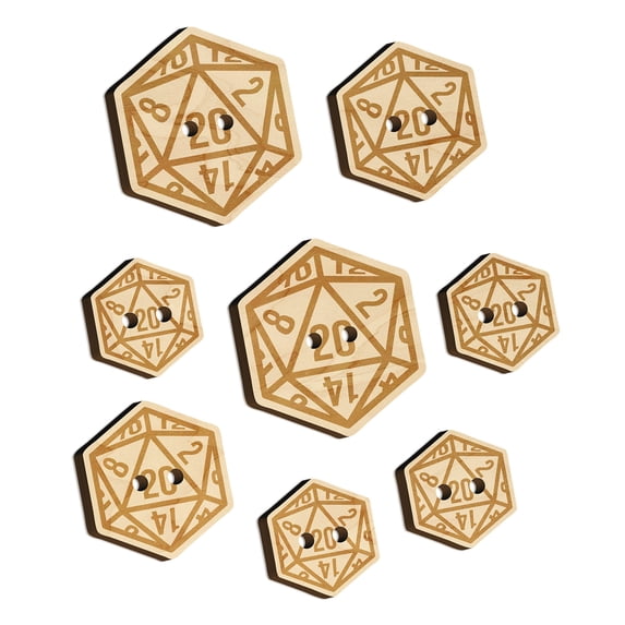 D20 20 Sided Gaming Gamer Dice Critical Role Wood Buttons for Crochet Knitting Sewing DIY Craft - Various Sizes (8pcs)