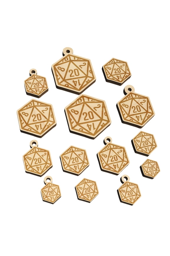 D20 20 Sided Gaming Gamer Dice Critical Role Wood Mini Charms Shapes DIY Craft Jewelry - With Hole - 14mm (26pcs)