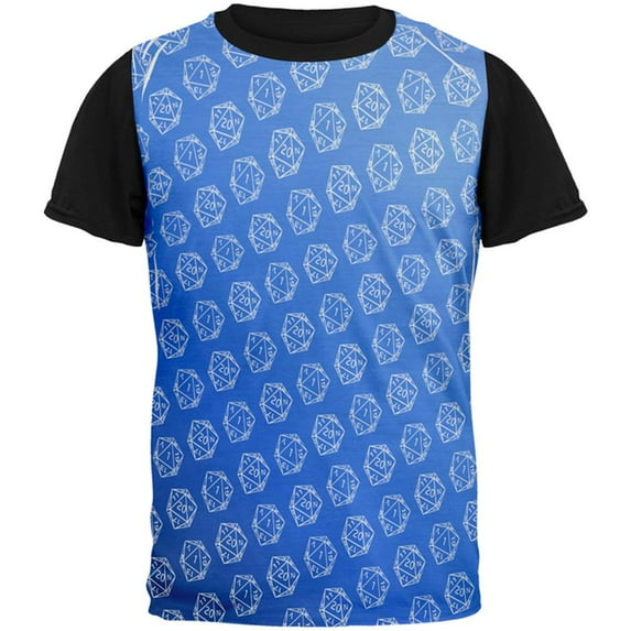 D20 Gamer Critical Hit and Fumble Blue Pattern All Over Mens Black Back T Shirt Multi MD