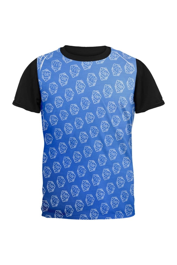 D20 Gamer Critical Hit and Fumble Blue Pattern All Over Mens Black Back T Shirt Multi SM