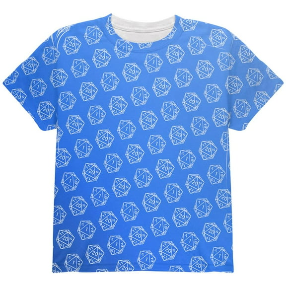 D20 Gamer Critical Hit and Fumble Blue Pattern All Over Youth T Shirt Multi YSM
