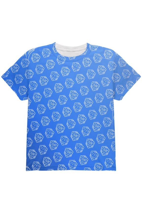 D20 Gamer Critical Hit and Fumble Blue Pattern All Over Youth T Shirt Multi YSM
