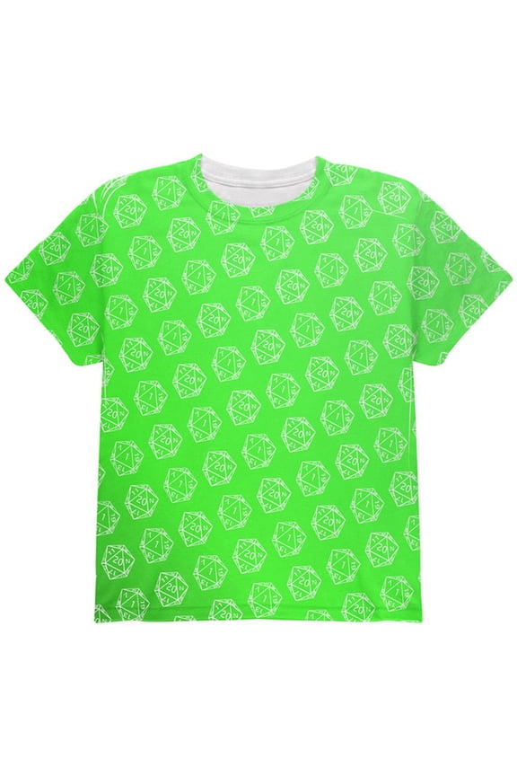 D20 Gamer Critical Hit and Fumble Green Pattern All Over Youth T Shirt Multi YSM