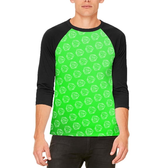 D20 Gamer Critical Hit and Fumble Green Pattern Mens Raglan T Shirt