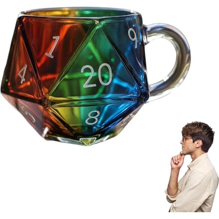 D20 Mug, Rainbow D20 Dice Mug, Polyhedral Dice Coffee Cup with Handle, Game Night Mugs Gift for Fantasy Lovers (1PCS)