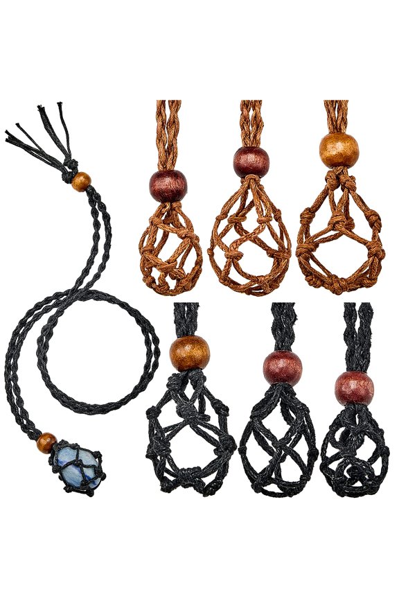 D20 Necklace Cord Empty Stone Holder, 6 Pieces Adjustable Cage Fish Net for DIY Jewelry Making, 3 Sizes Quartz Crystal Stone Holder, Black and Brown Braided Rope