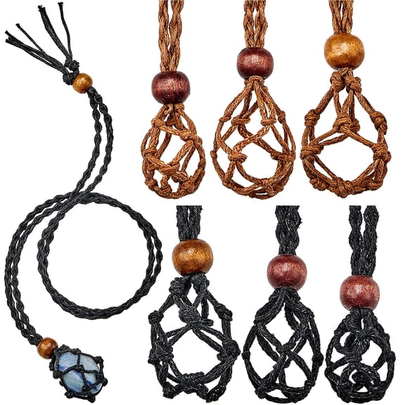 D20 Necklace Cord Empty Stone Holder, 6 Pieces Adjustable Cage Fish Net for DIY Jewelry Making, 3 Sizes Quartz Crystal Stone Holder, Black and Brown Braided Rope