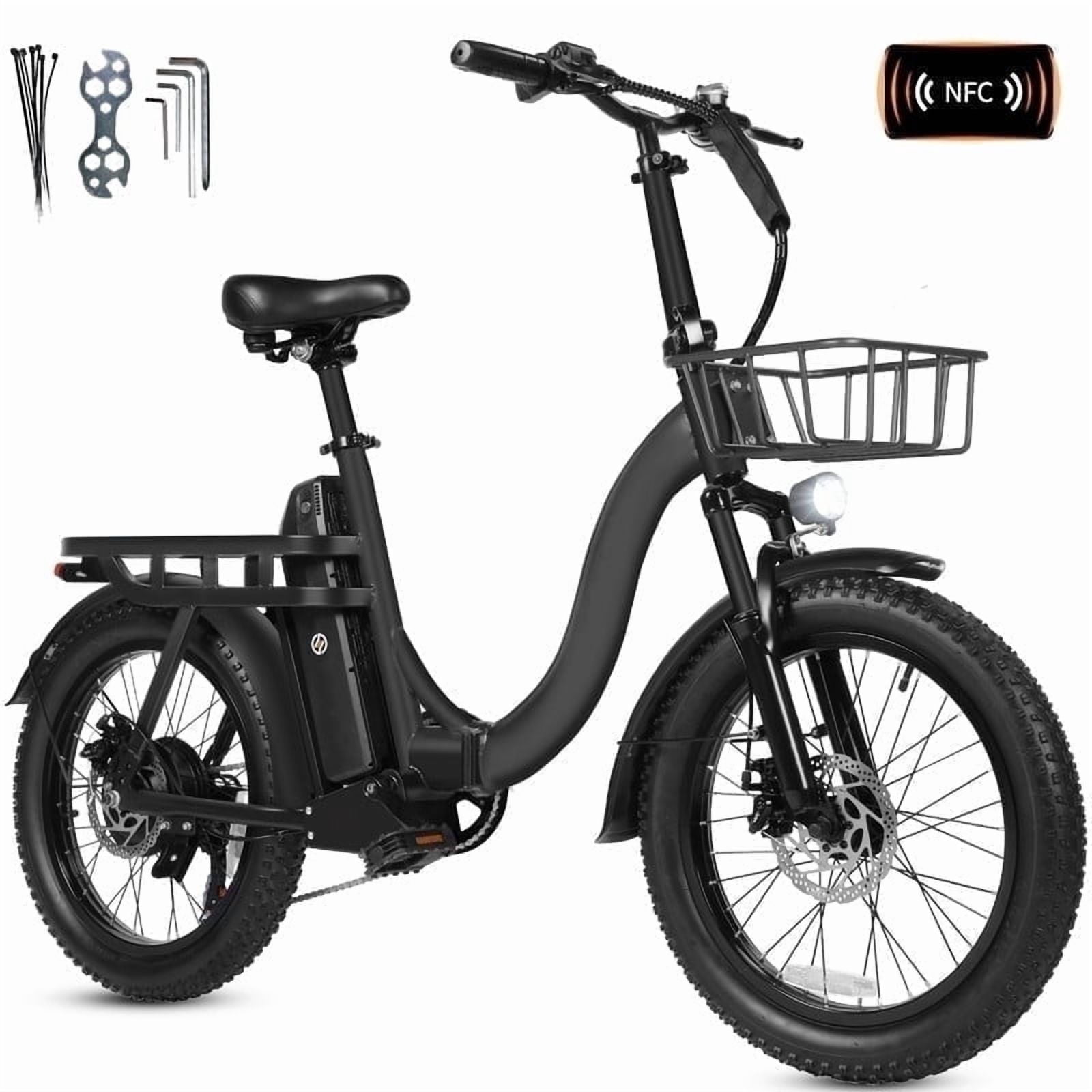 ESKUTE D200 Electric Bike for Adults Teens Students, 750W Peak Motor 28 Mph, 48V 10.4Ah Up to 55 Miles, with 7‑Speed Step‑Through Cargo Fold E Bicycle, NFC Unlock, Black with Front Basket, UL2849