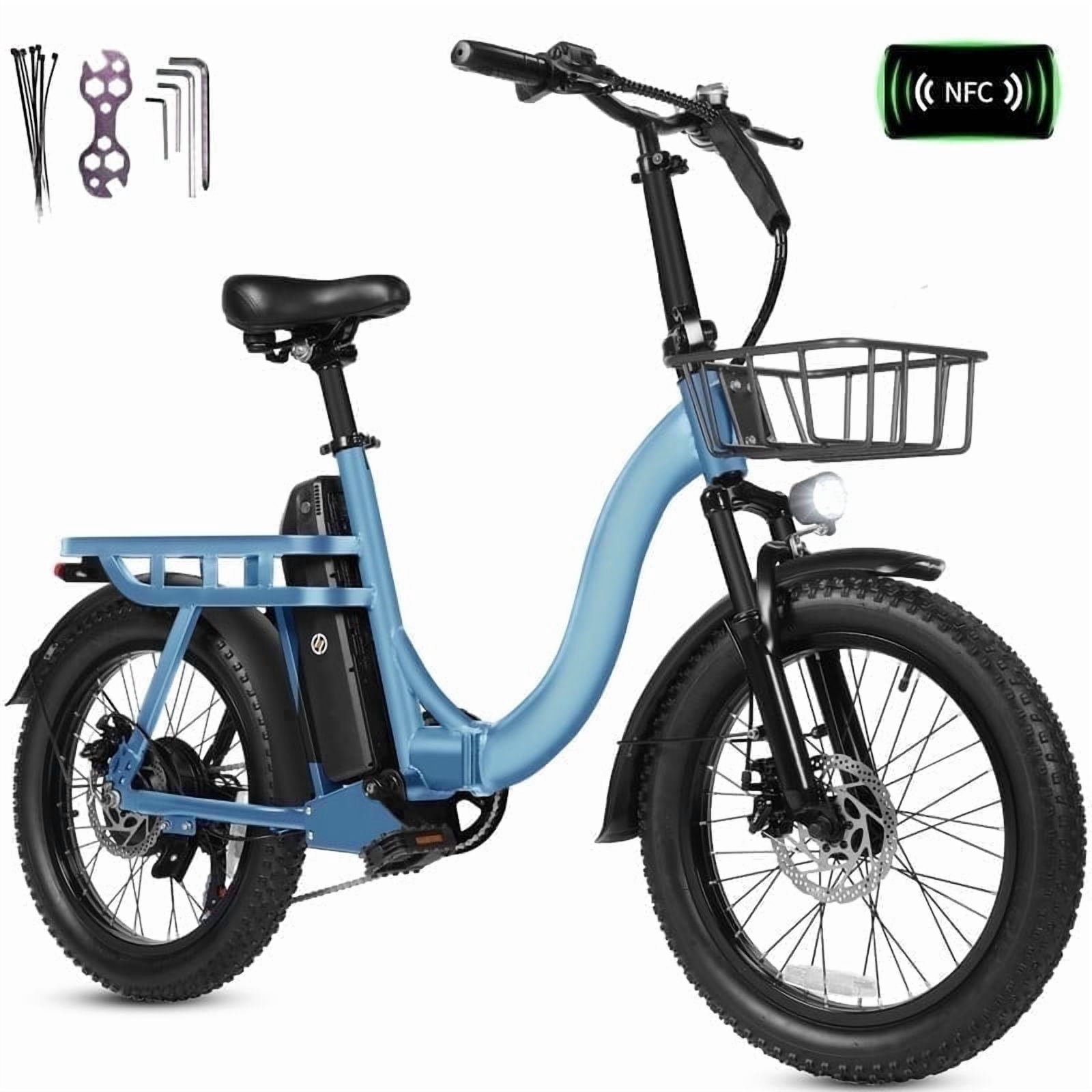 ESKUTE D200 Electric Bike for Adults Teens Students, 750W Peak Motor 28 Mph, 48V 10.4Ah Up to 55 Miles, with 7‑Speed Step‑Through Cargo Fold E Bicycle, NFC Unlock, Blue with Front Basket, UL2849