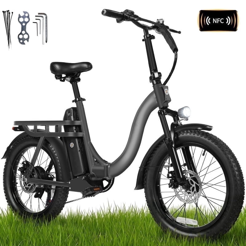ESKUTE D200 Electric Bike for Adults Teens Students, 750W Peak Motor 28 Mph, 48V 10.4Ah Battery Up to 55 Miles, with 7‑Speed Step‑Through Cargo Fold E Bicycle, NFC Unlock, Gray, UL2849