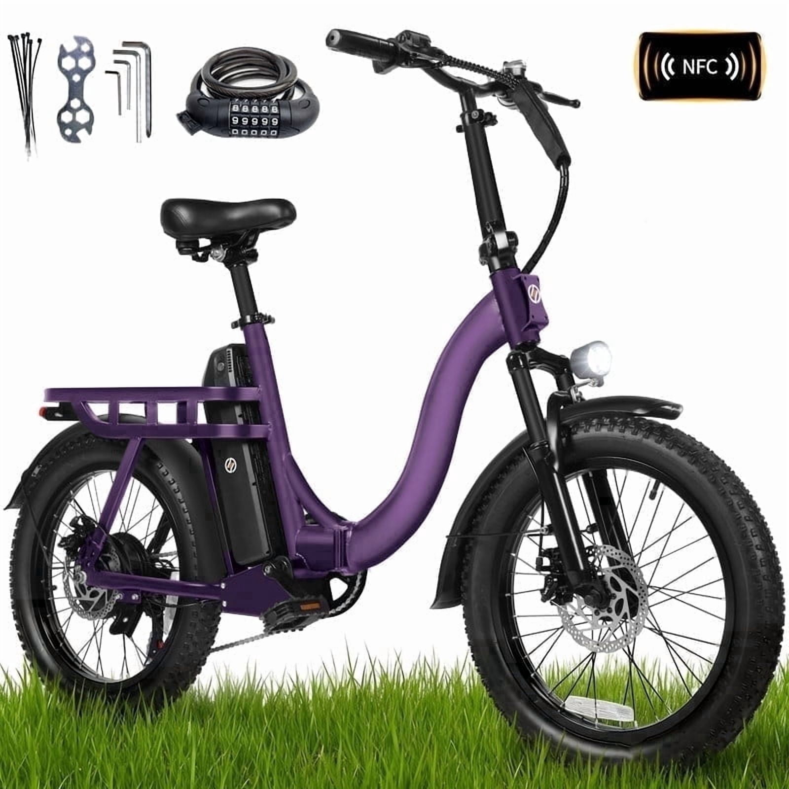 ESKUTE D200 Electric Bike for Adults Teens Students, 750W Peak Motor 28 Mph, 48V 10.4Ah Battery Up to 55 Miles, with 7‑Speed Step‑Through Cargo Fold E Bicycle, NFC Unlock, Purple with Lock, UL2849