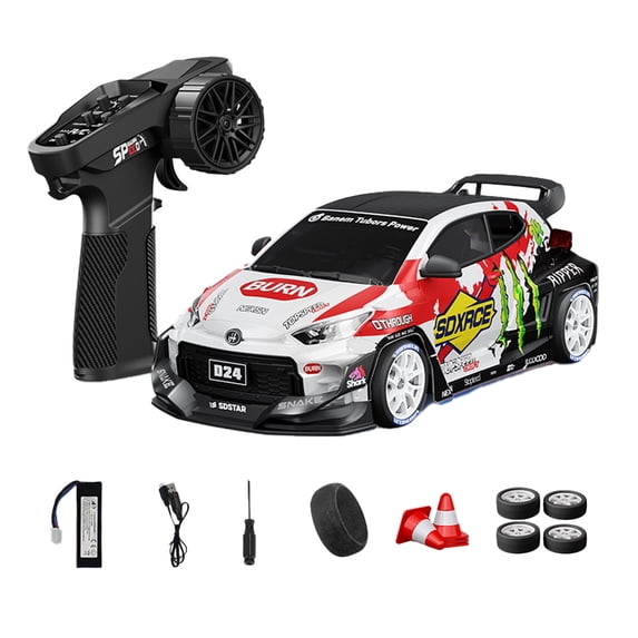 D24 1:24 RC Drift Car for Adults, 2.4G Full Proportional 4WD High Speed Drift Racing Car with Gyro Stability, Dual-Mode Tires & LED Lights