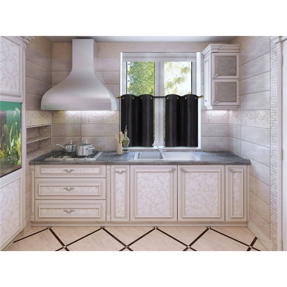 D24 Black 2-Piece Energy Saving Room Darkening Grommet Top Window Curtain Set, 2 Blackout Panels For Short Window