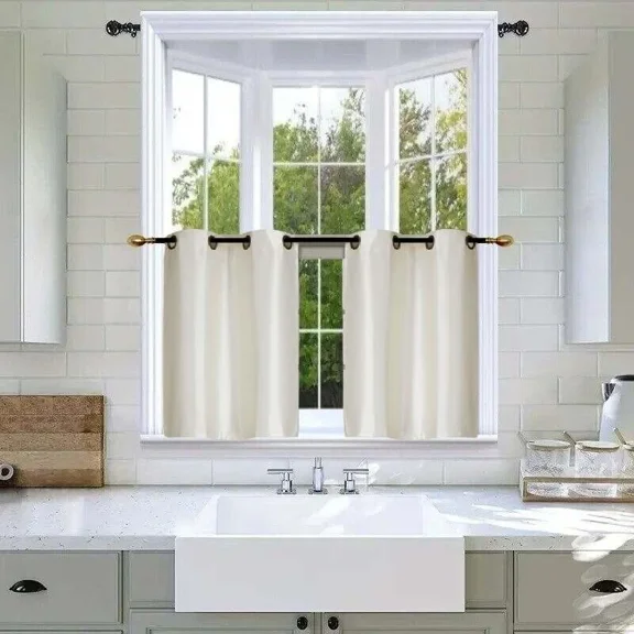 D24 Blackout Short Curtains 30" wide X 36" Long each Tier Beige 2 Piece window tier drape insulated for kitchen/restaurant/bar