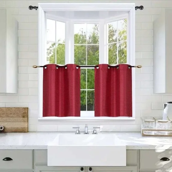 D24 Blackout Short Curtains 30" wide X 36" Long each Tier Dark Red Burgundy 2 Piece window tier drape insulated for kitchen/restaurant/bar