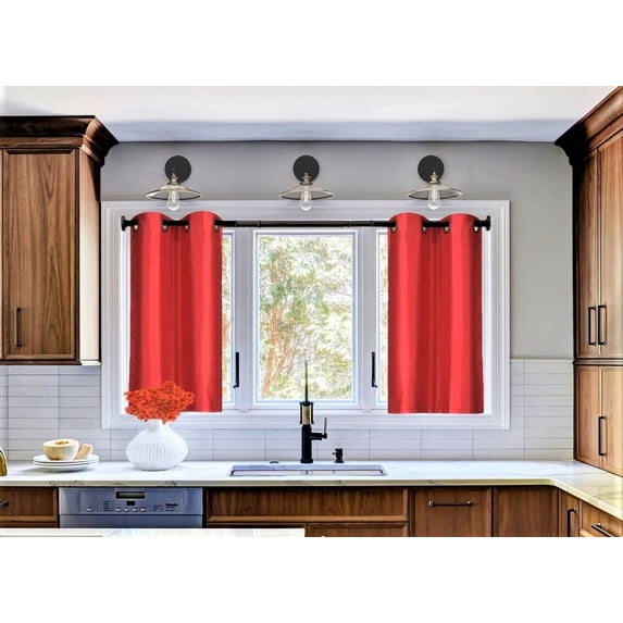 D24 Set of 2 pieces panels faux silk linen blackout light filtering 100% privacy window curtain for kitchen, bedroom décor 30" X 36" Red color