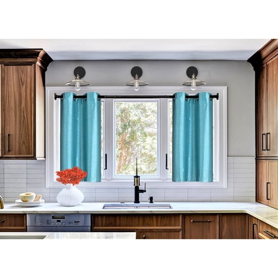 D24 Set of 2 pieces panels faux silk linen blackout light filtering 100% privacy window curtain for kitchen, bedroom décor 30" X 36" Teal color