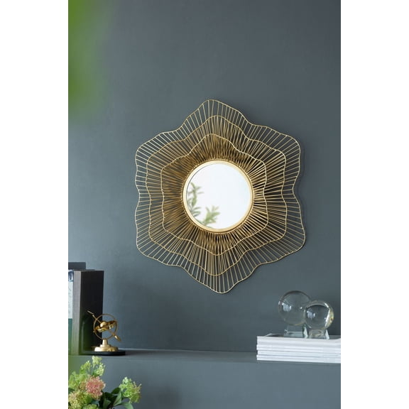 D27x2.4" Starburst Metal Wall Mirror with Flower-Inspired Design, Round Glass Centerpiece, Decorative Home Wall Art for Bathroom, Living Room, Hallway, Entryway