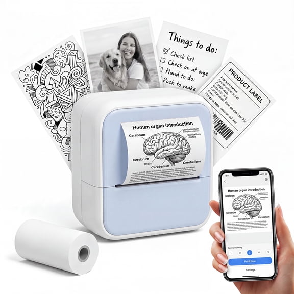 Mini Label Maker, Portable Bluetooth Sticker Printer with Roll Paper, Inkless Thermal Printer for Home, School, Office, Kids DIY, Photos, Study Notes